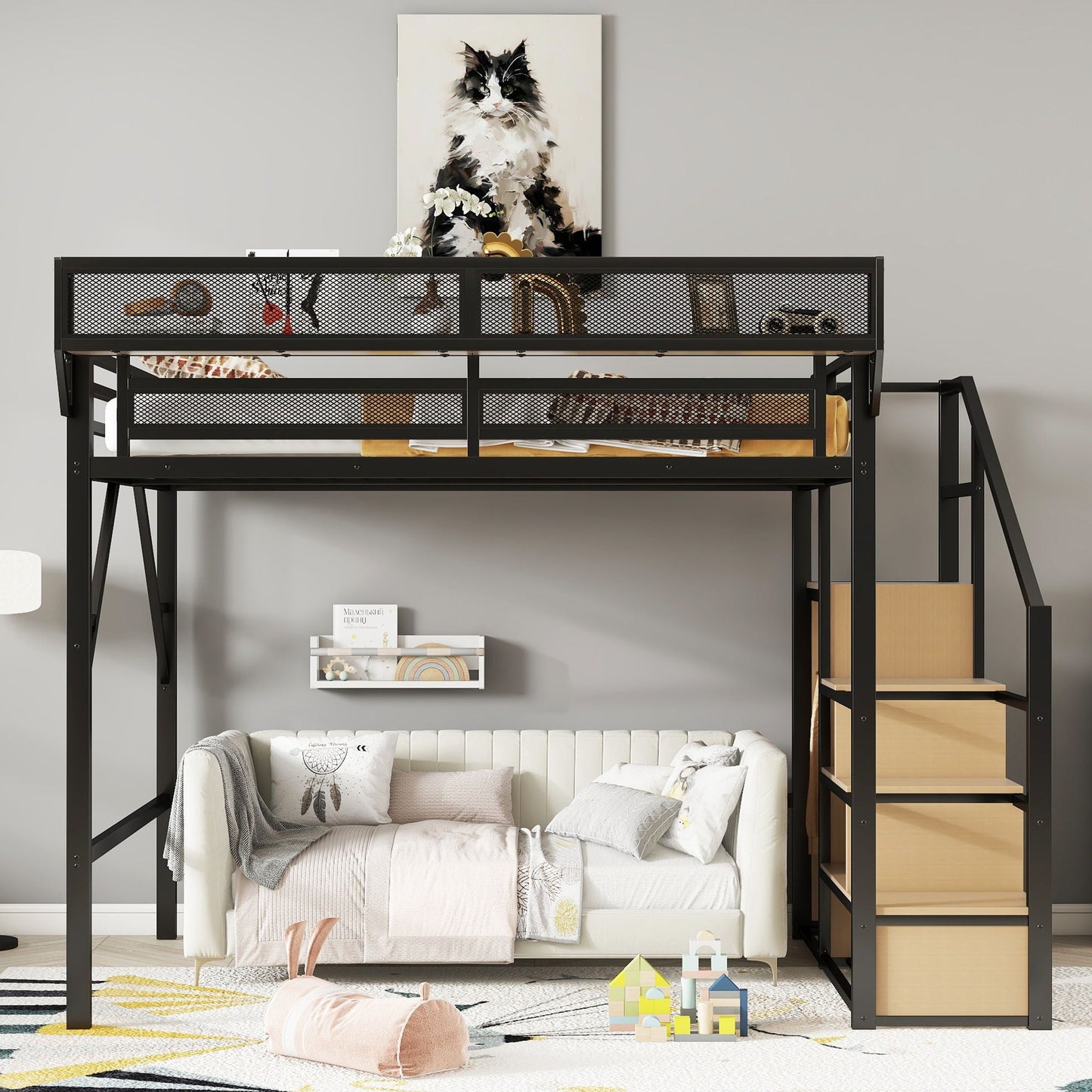 Queen Size Loft Bed & Stairs, Storage Shelves, Wardrobe - Black / Wood