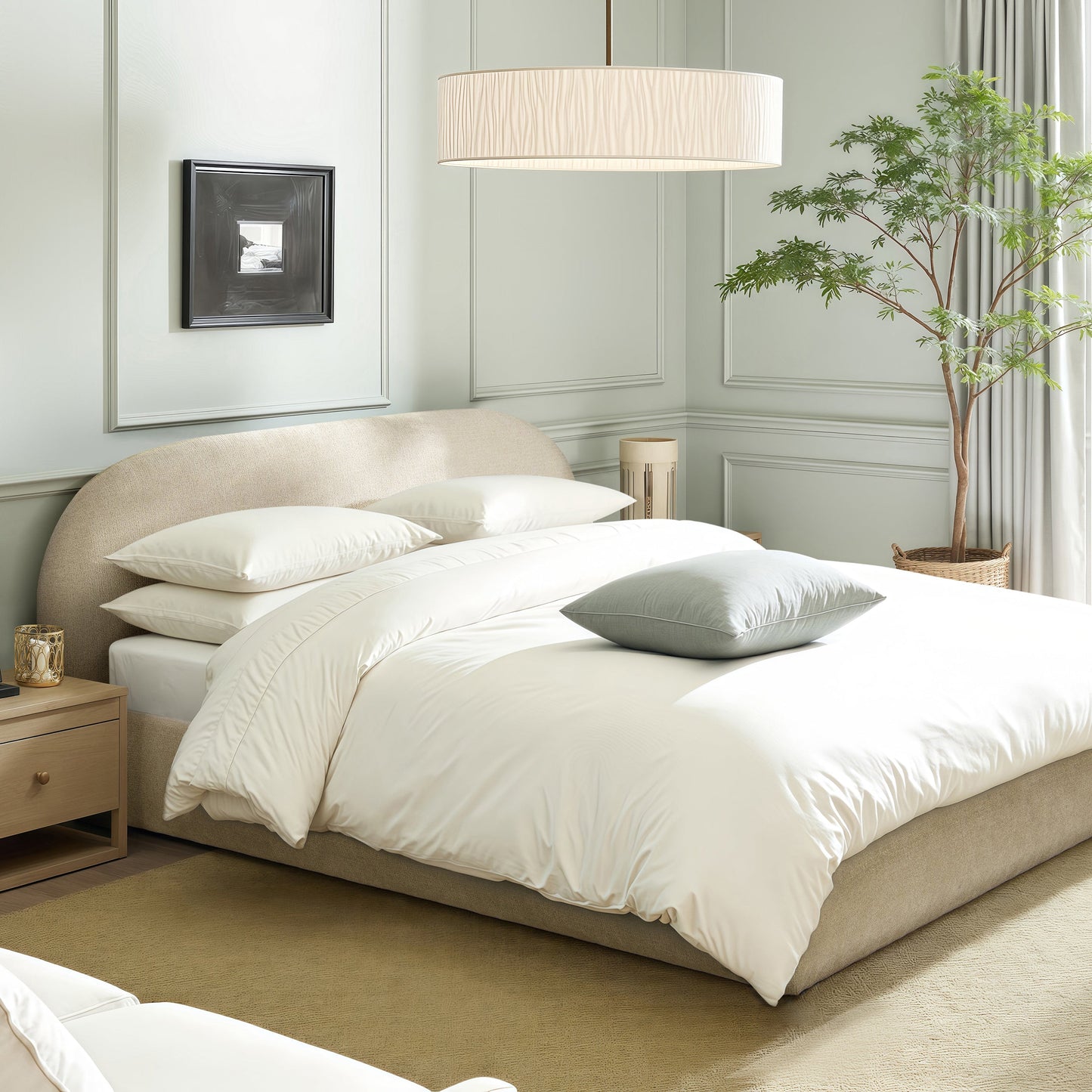 Archie Puffy Grounded Upholstered Platform Bed - Oatmeal Light