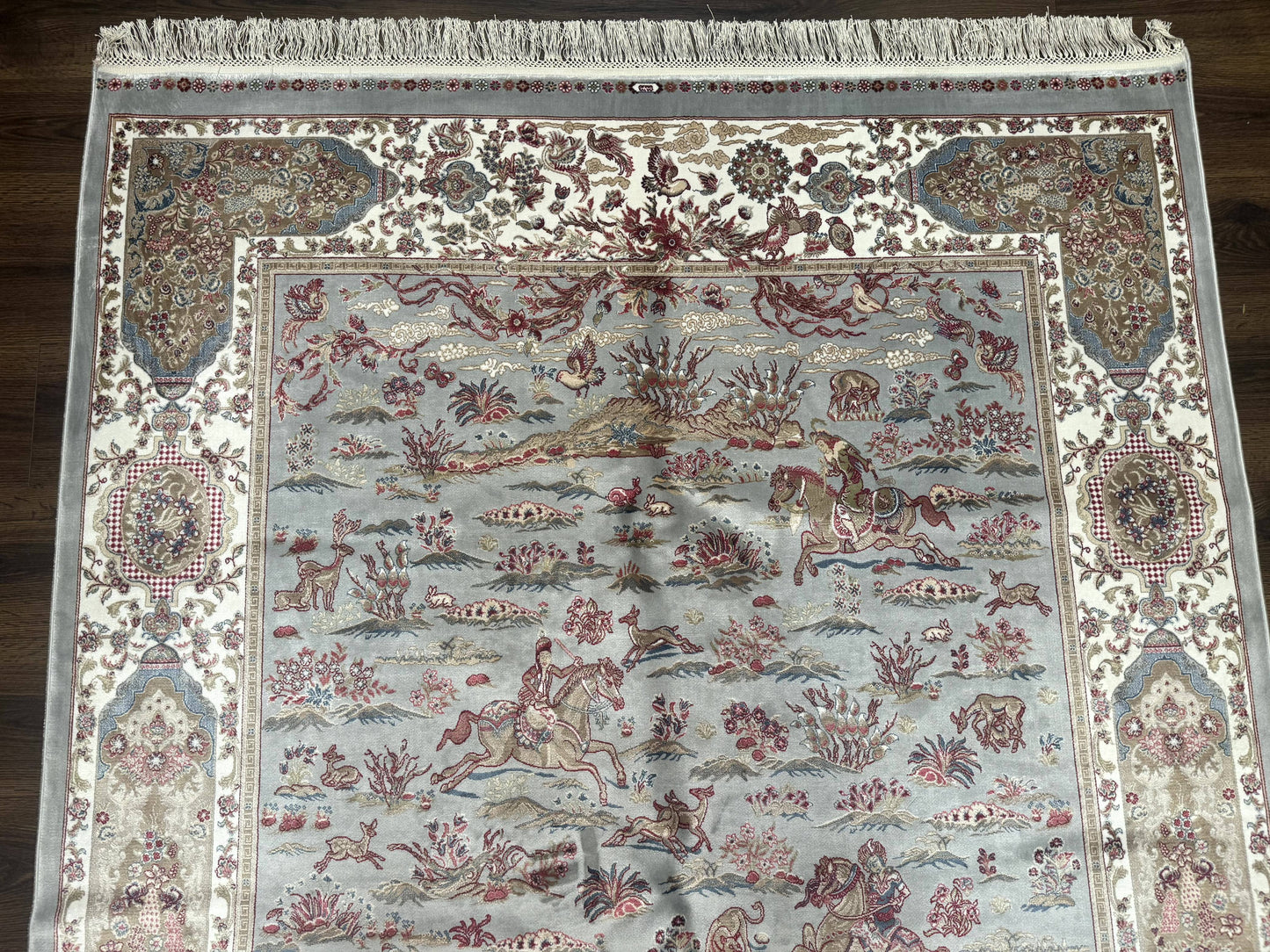Turkish Silk Rug 5x7, Hunting Design, Animal Pictorials, Bamboo Silk