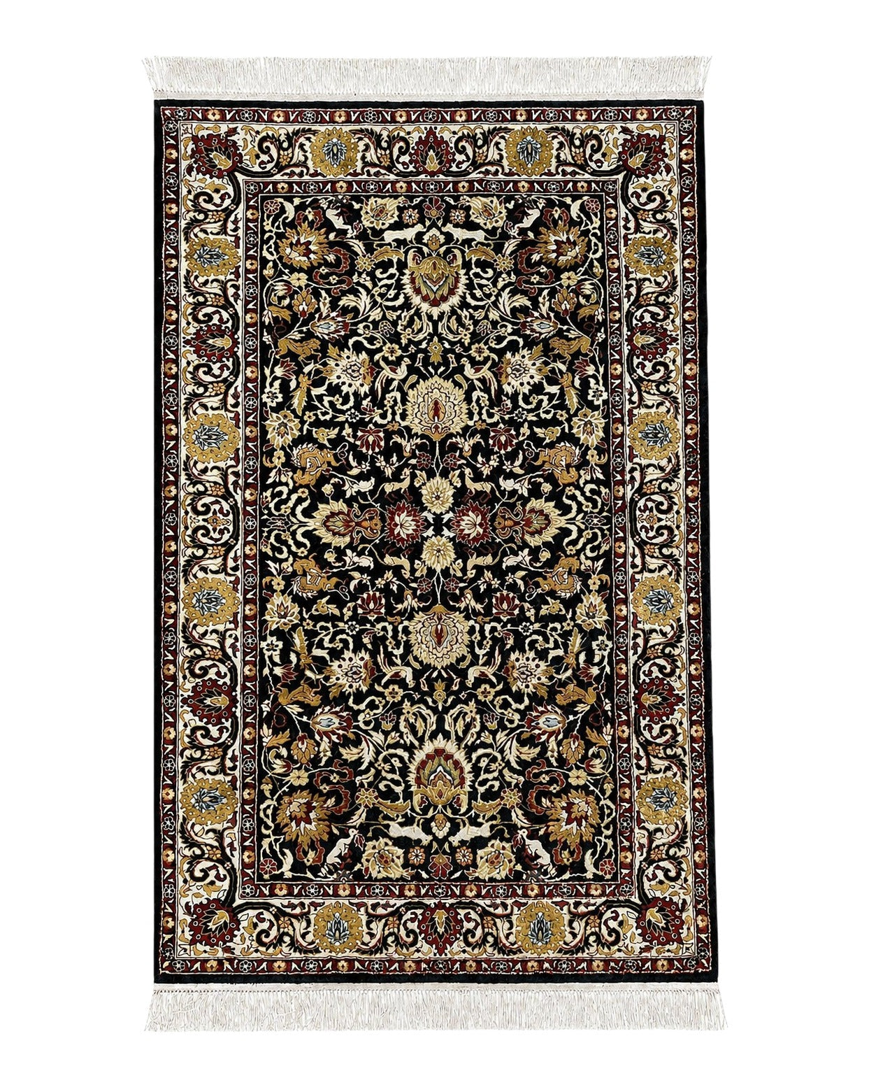 Sino Persian Silk Rug 3x5 Oriental Carpet 3 x 5 Fine Silk Rug, Black Ivory Gold, Animal Motifs, Flowers, High Quality, Vintage Silk Rug Wow