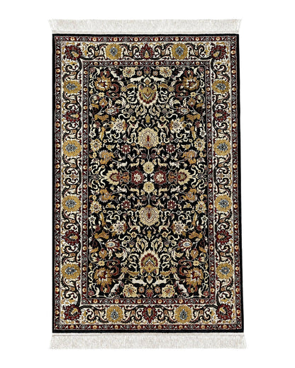 Sino Persian Silk Rug 3x5 Oriental Carpet 3 x 5 Fine Silk Rug, Black Ivory Gold, Animal Motifs, Flowers, High Quality, Vintage Silk Rug Wow