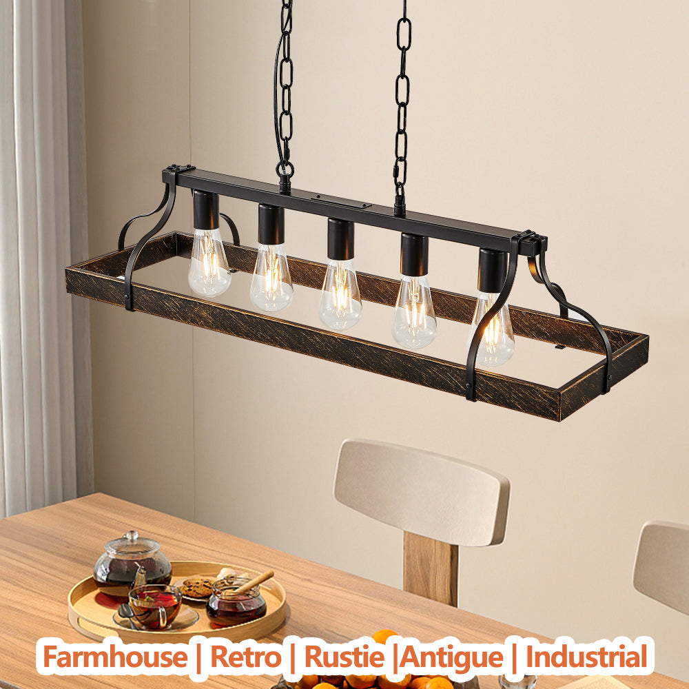 34" Black & Gold Vintage Chandelier | 5-Light Antique Pendant with Adjustable Chain for Dining Room, Kitchen & Living Room