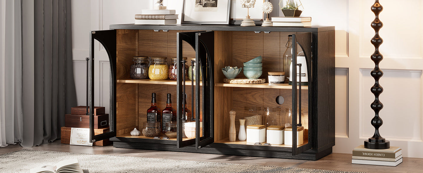 4-Door Large Storage Sideboard Buffet Cabinet with Glass Doors Arched Cabinet (Black)