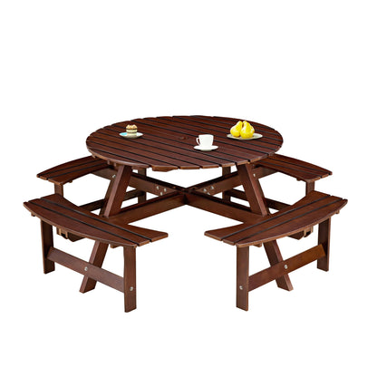 Outdoor 8 Person Round Picnic Table with Built-In Benches