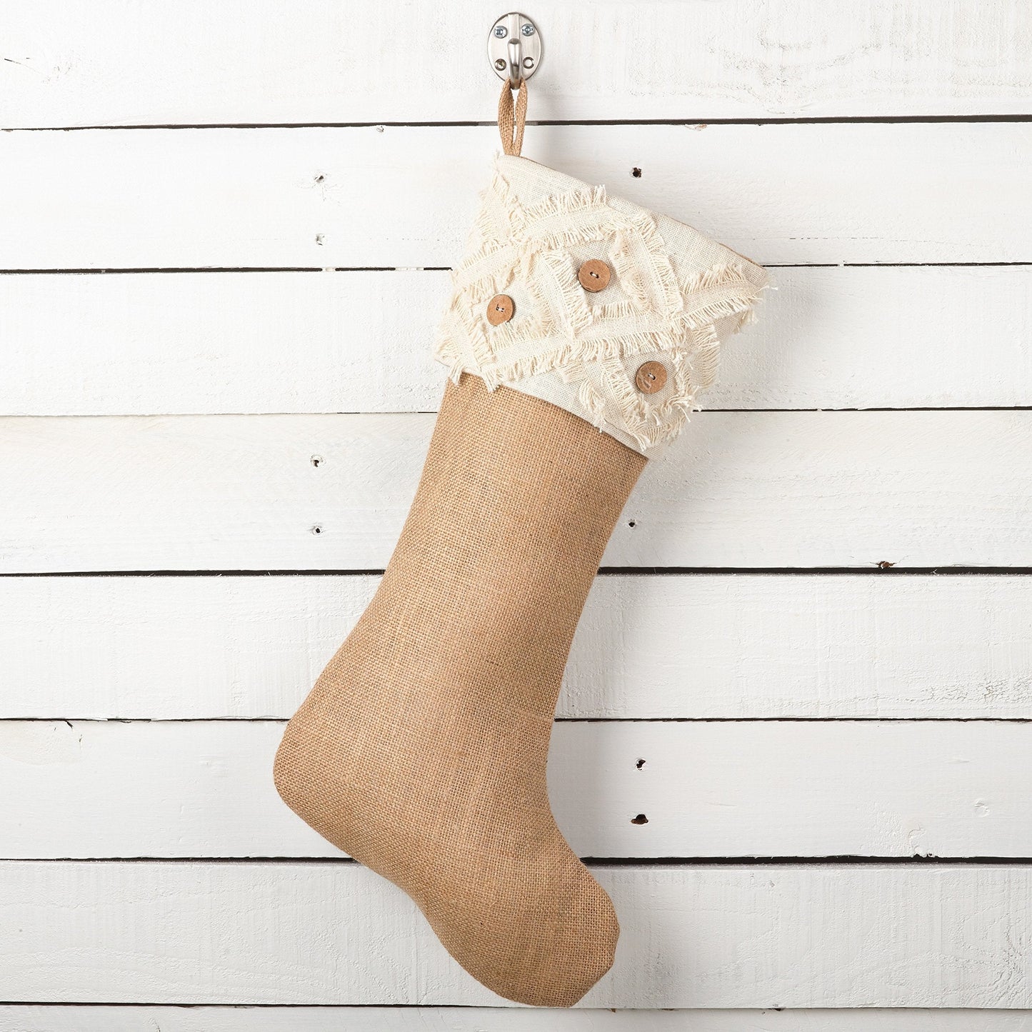 Fennco Styles Fringe Button Design Decorative Jute Christmas Stocking -13"x19"