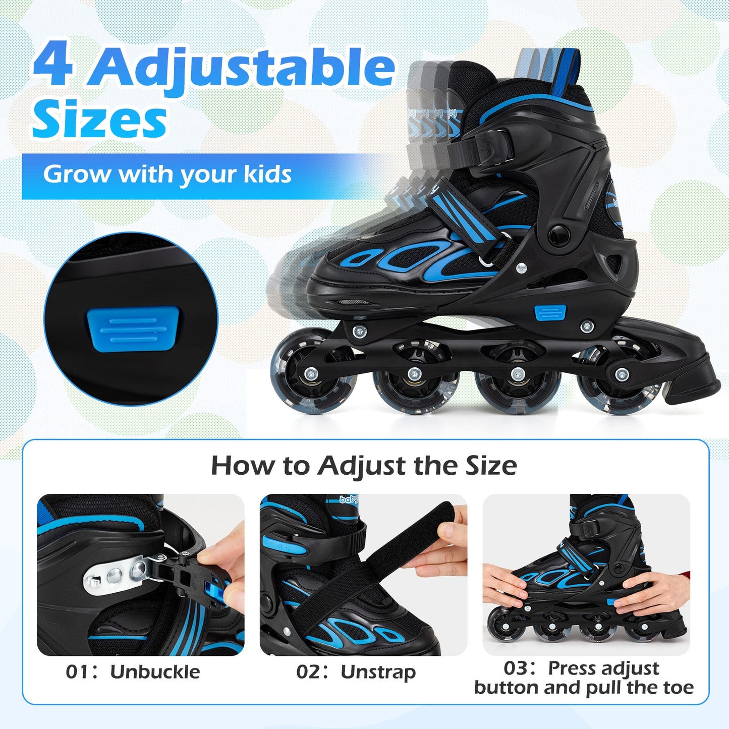 Adjustable Kids' Incline Skates 4 Sizes Adjustable Blade Roller