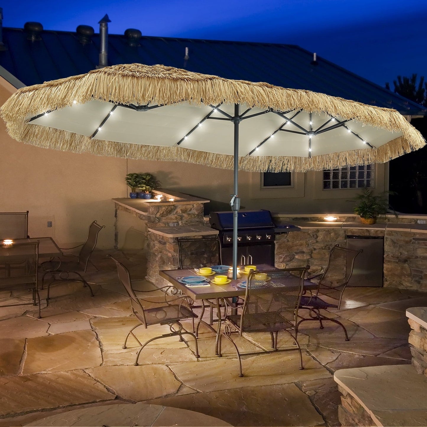 Ainfox 13ft Large Thatched Tiki Patio Umbrella with Solar LED Lights, Outdoor Heavy-Duty Double-Sided Rectangle Market Umbrella for Garden, Deck, Backyard, Pool, Beach