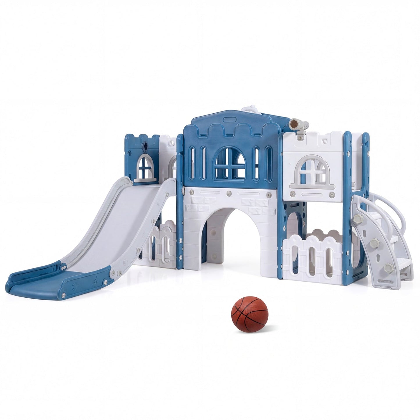 All-in-1 Toddler Slide Playset Playground with Tunnel and Ladder and Basketball