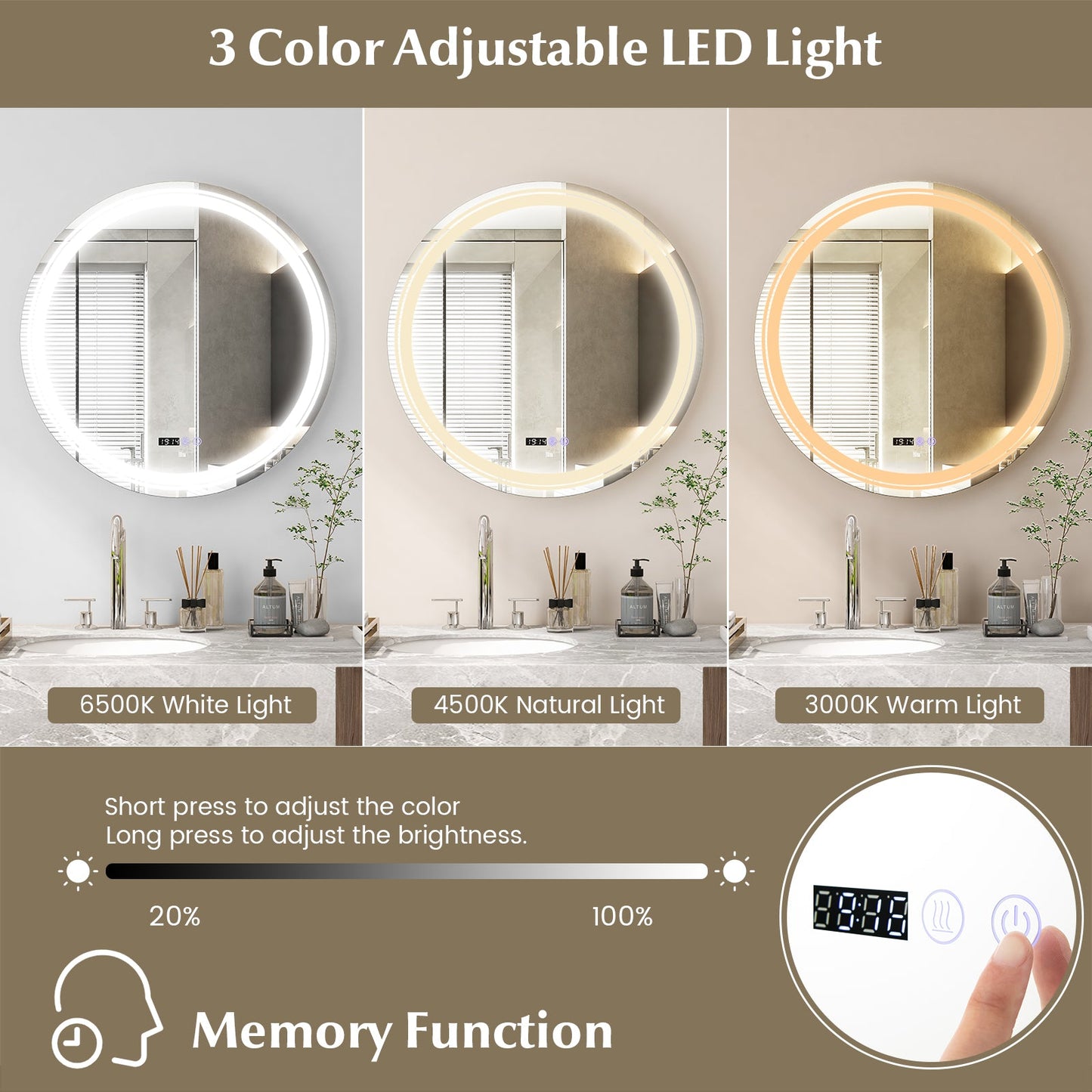 Anti-Fog Round Led Bathroom Mirror with 3 Color LED Lights
