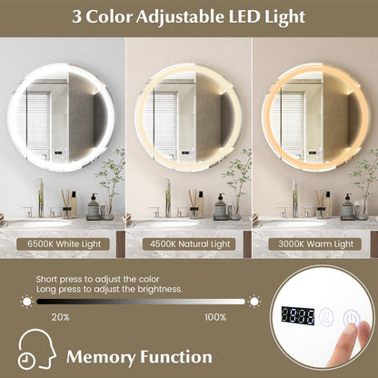 Anti-Fog Round Led Bathroom Mirror with 3 Color LED Lights