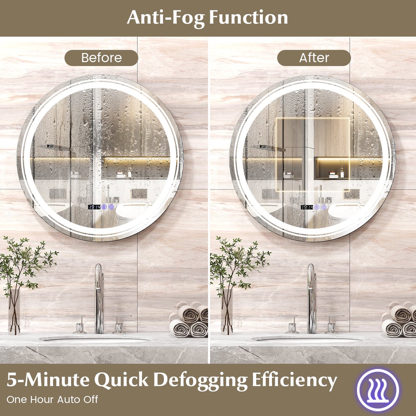 Anti-Fog Round Led Bathroom Mirror with 3 Color LED Lights