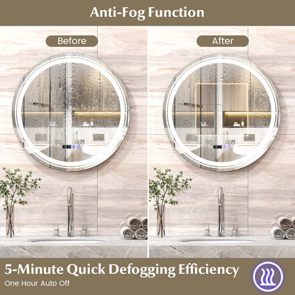 Anti-Fog Round Led Bathroom Mirror with 3 Color LED Lights