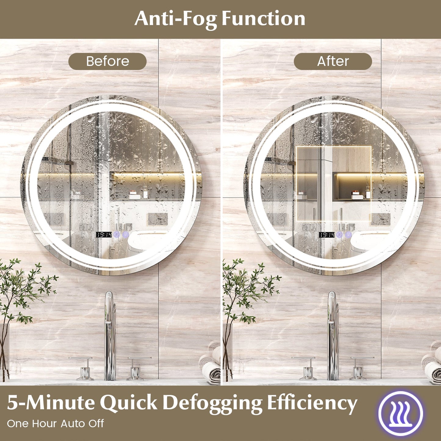 Anti-Fog Round Led Bathroom Mirror with 3 Color LED Lights