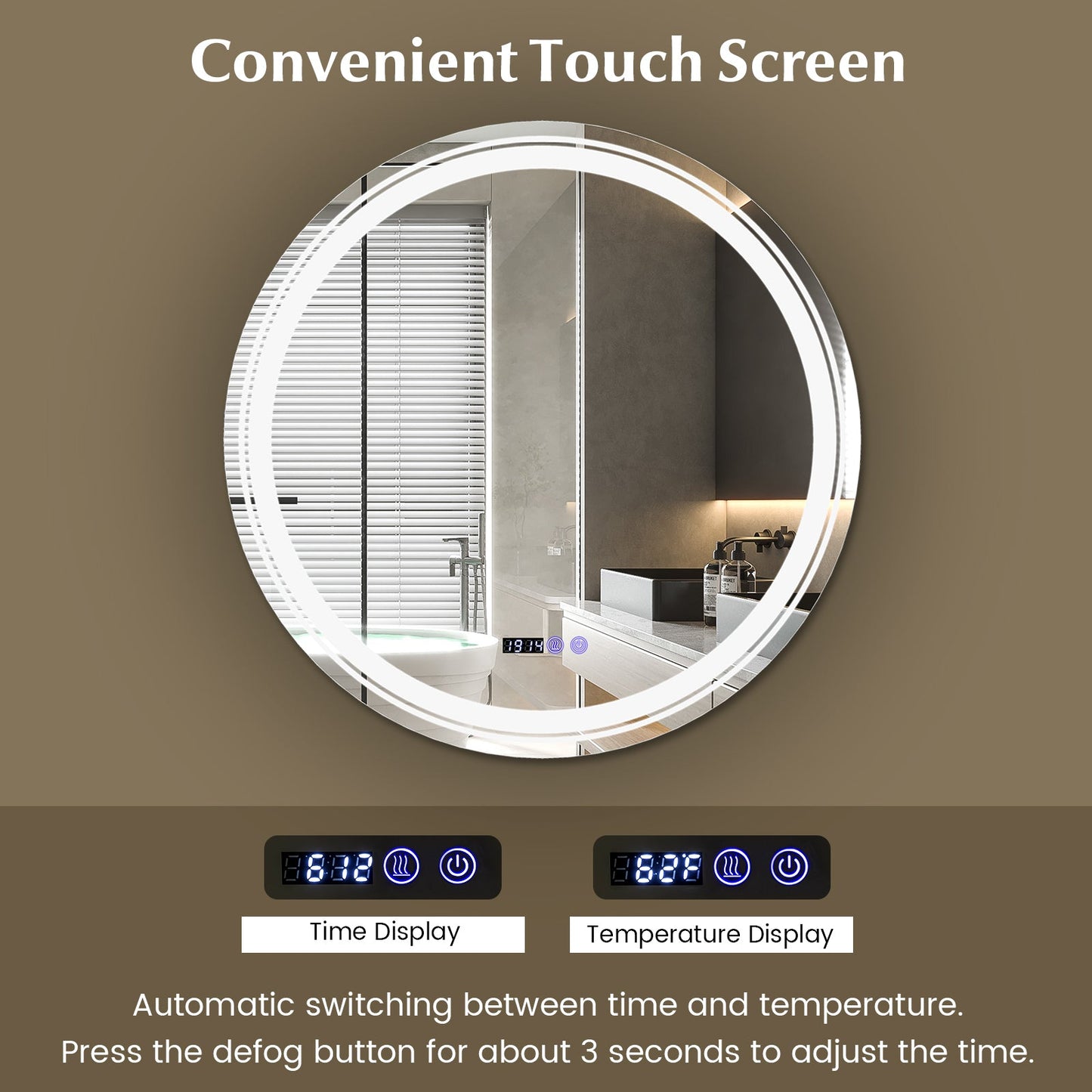 Anti-Fog Round Led Bathroom Mirror with 3 Color LED Lights
