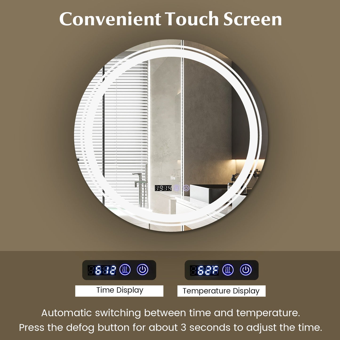 Anti-Fog Round Led Bathroom Mirror with 3 Color LED Lights