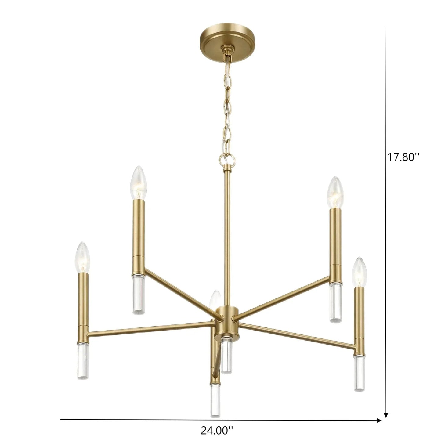 5-Light Golden Brass Candle Chandelier | 24"W Elegant Ceiling Fixture with Clear Glass Accents — Dining Room, Living Room & Entryway