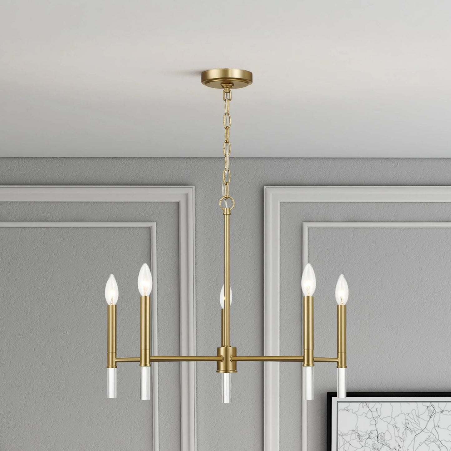 5-Light Golden Brass Candle Chandelier | 24"W Elegant Ceiling Fixture with Clear Glass Accents — Dining Room, Living Room & Entryway