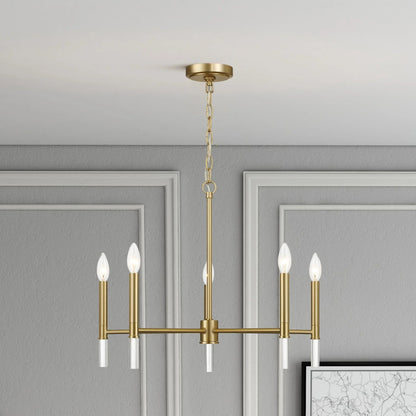 5-Light Golden Brass Candle Chandelier | 24"W Elegant Ceiling Fixture with Clear Glass Accents — Dining Room, Living Room & Entryway