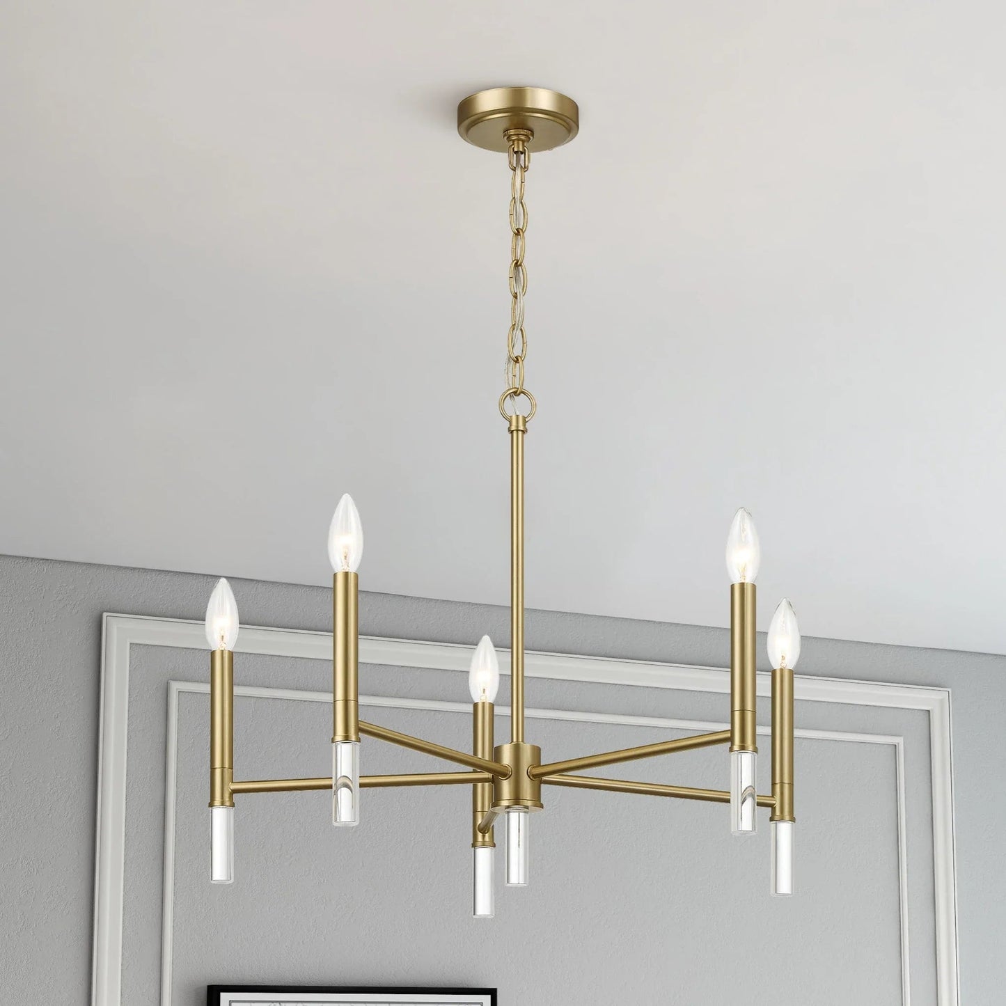5-Light Golden Brass Candle Chandelier | 24"W Elegant Ceiling Fixture with Clear Glass Accents — Dining Room, Living Room & Entryway