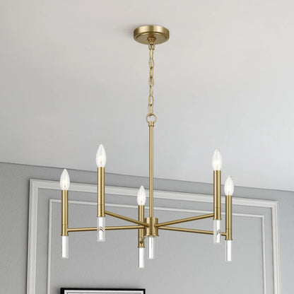 5-Light Golden Brass Candle Chandelier | 24"W Elegant Ceiling Fixture with Clear Glass Accents — Dining Room, Living Room & Entryway