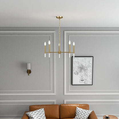 5-Light Golden Brass Candle Chandelier | 24"W Elegant Ceiling Fixture with Clear Glass Accents — Dining Room, Living Room & Entryway