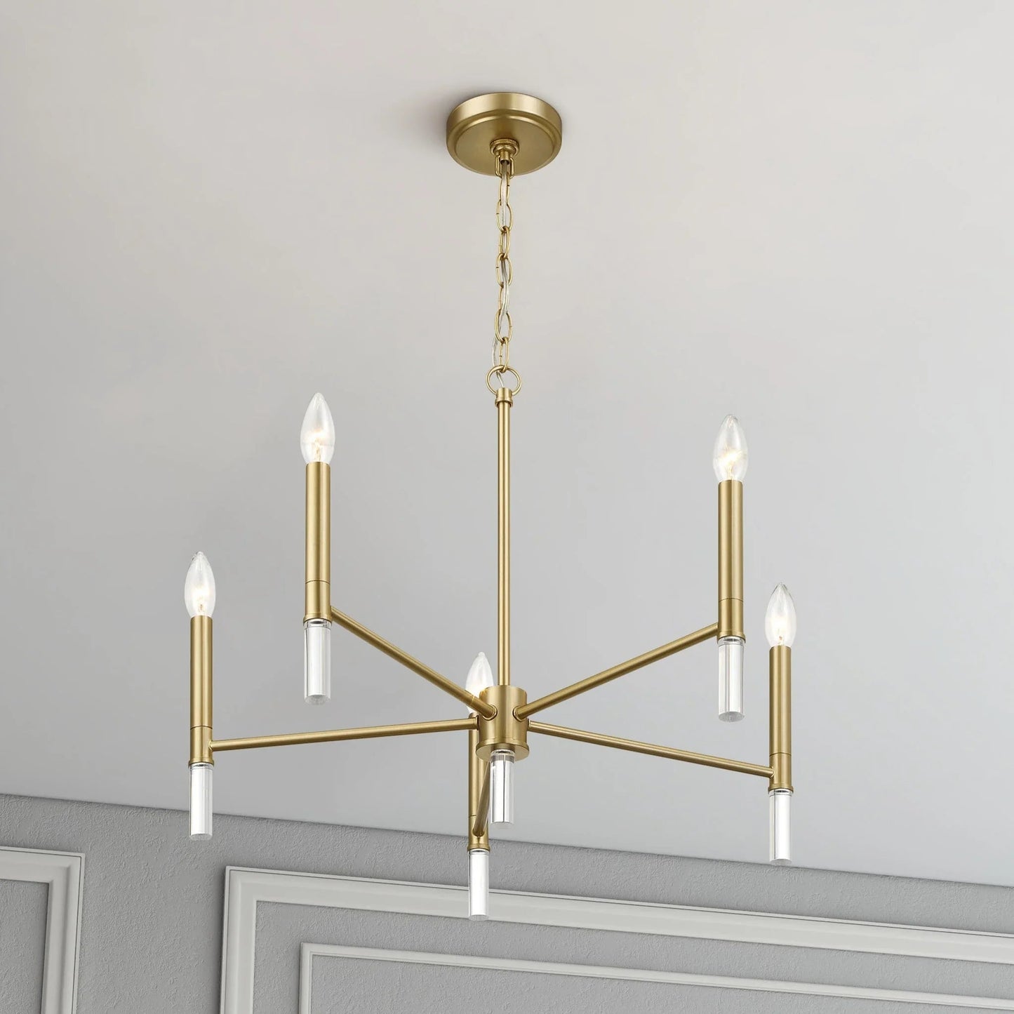 5-Light Golden Brass Candle Chandelier | 24"W Elegant Ceiling Fixture with Clear Glass Accents — Dining Room, Living Room & Entryway