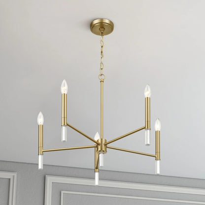 5-Light Golden Brass Candle Chandelier | 24"W Elegant Ceiling Fixture with Clear Glass Accents — Dining Room, Living Room & Entryway