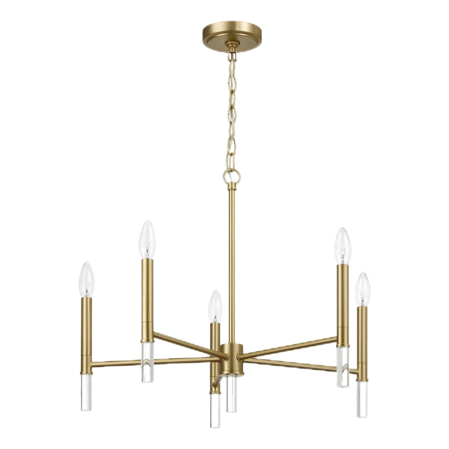 5-Light Golden Brass Candle Chandelier | 24"W Elegant Ceiling Fixture with Clear Glass Accents — Dining Room, Living Room & Entryway
