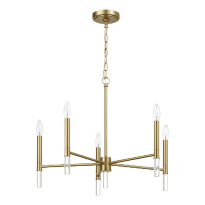 5-Light Golden Brass Candle Chandelier | 24"W Elegant Ceiling Fixture with Clear Glass Accents — Dining Room, Living Room & Entryway