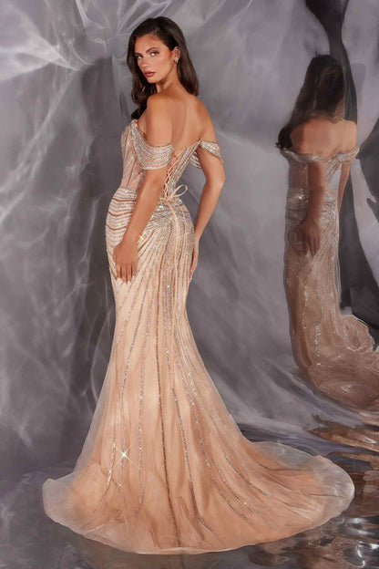 Ladivine CD654 Off Shoulder Glitter Fitted Corset Bodice Mermaid Gown