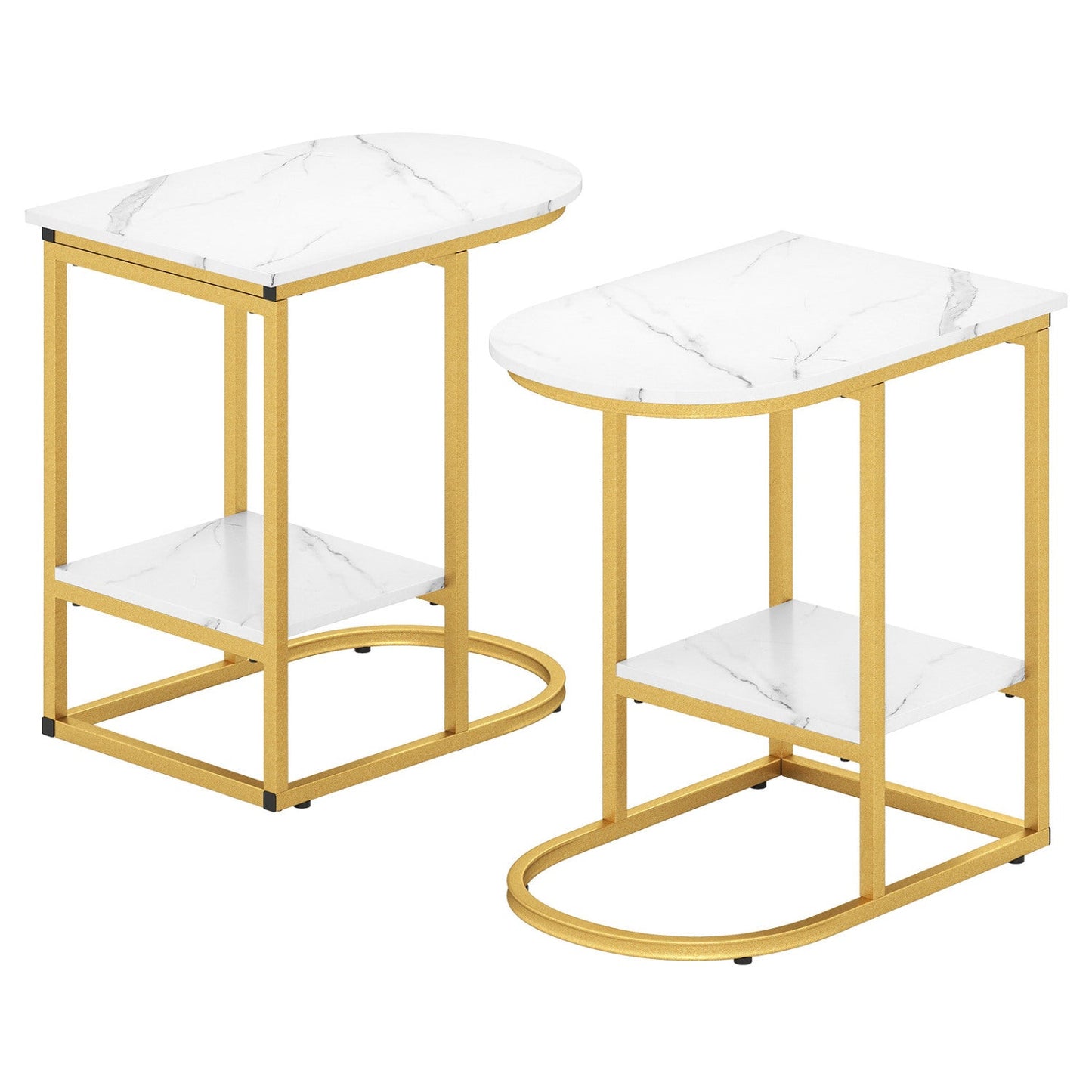 C-Shaped Side Table with Faux Marble Top and Storage Shelf