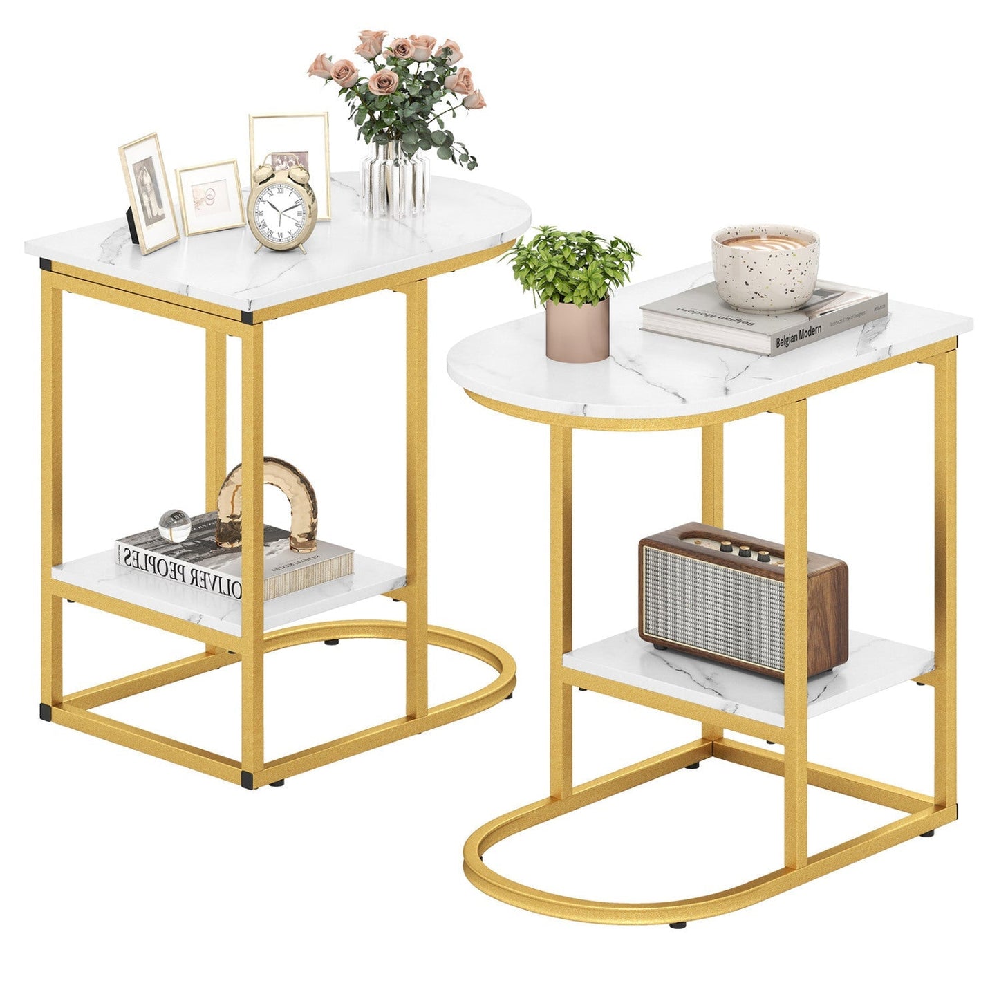 C-Shaped Side Table with Faux Marble Top and Storage Shelf