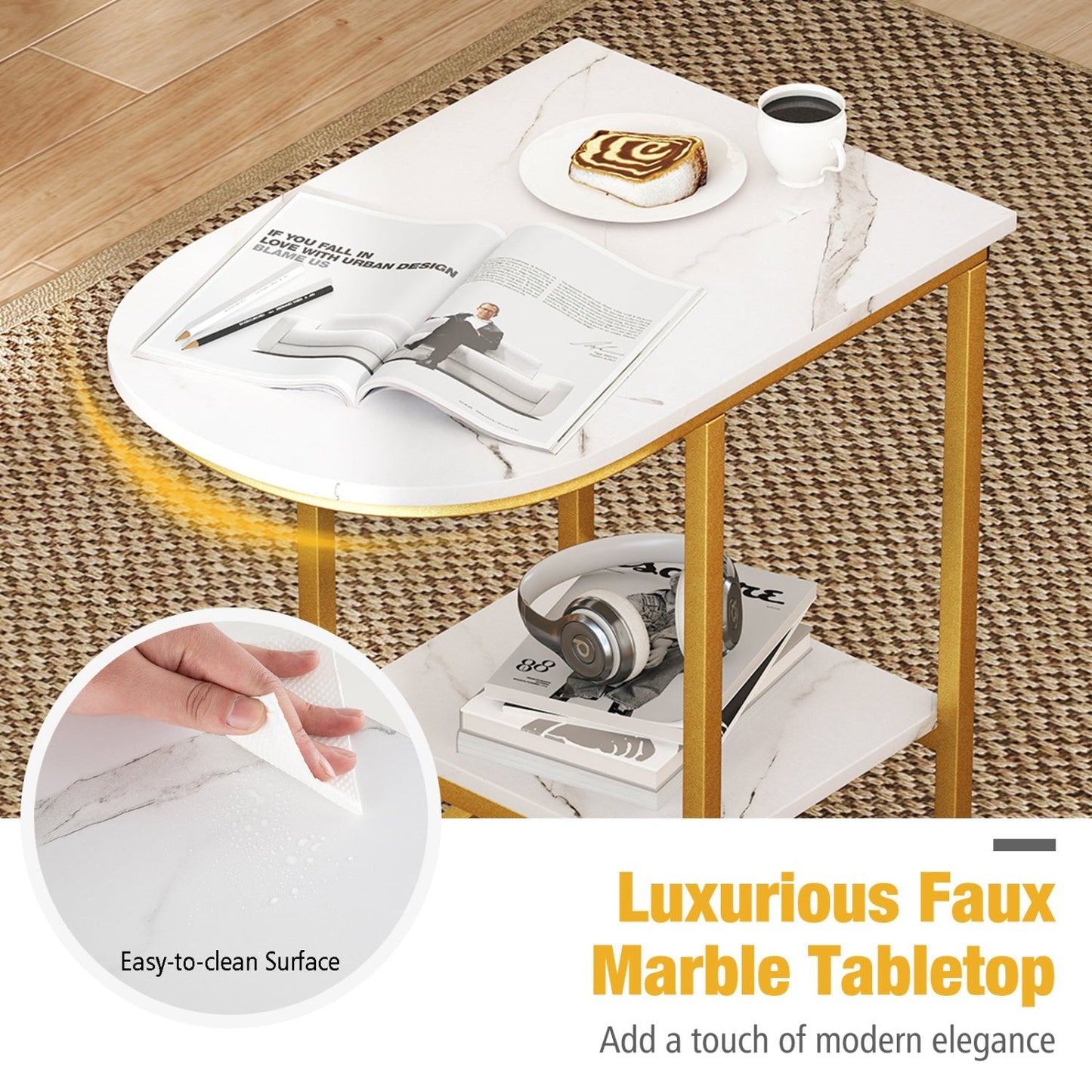 C-Shaped Side Table with Faux Marble Top and Storage Shelf