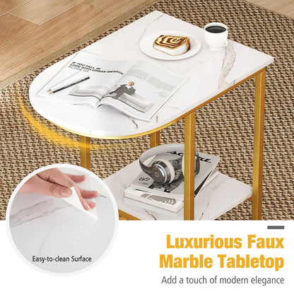 C-Shaped Side Table with Faux Marble Top and Storage Shelf