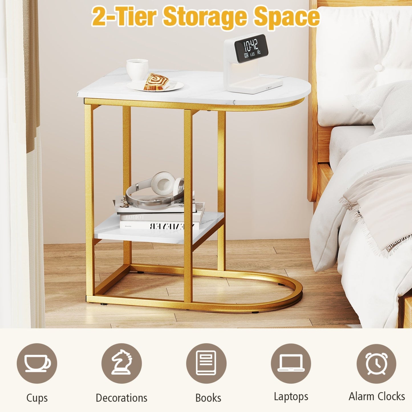 C-Shaped Side Table with Faux Marble Top and Storage Shelf