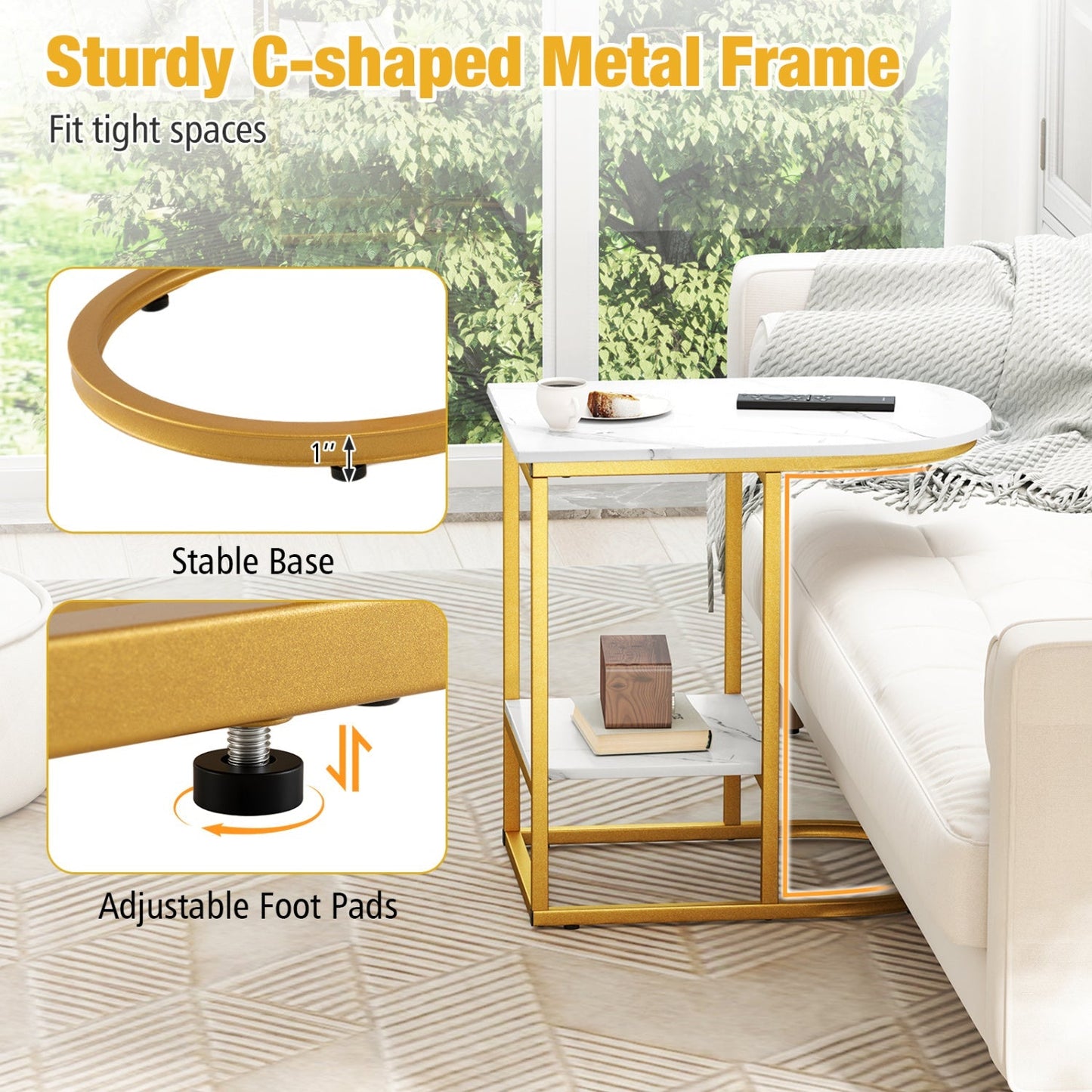 C-Shaped Side Table with Faux Marble Top and Storage Shelf