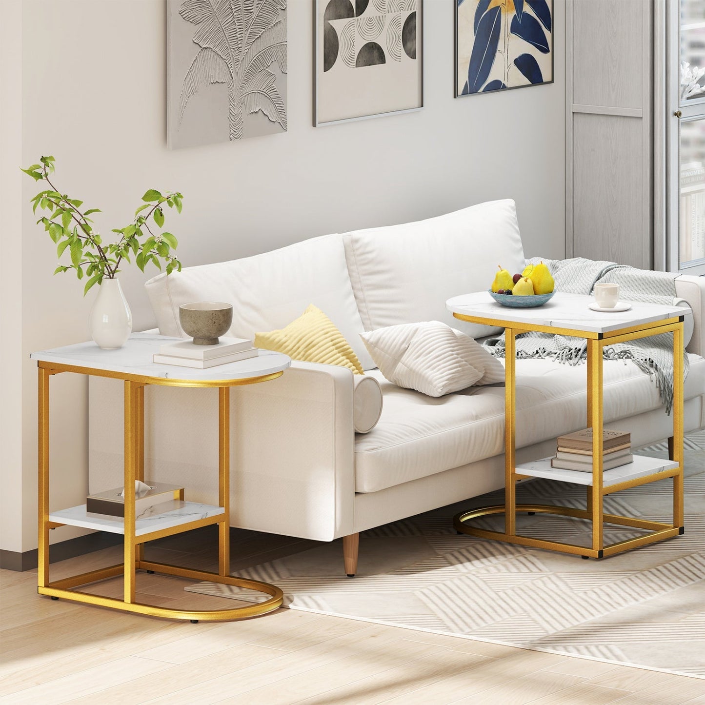 C-Shaped Side Table with Faux Marble Top and Storage Shelf