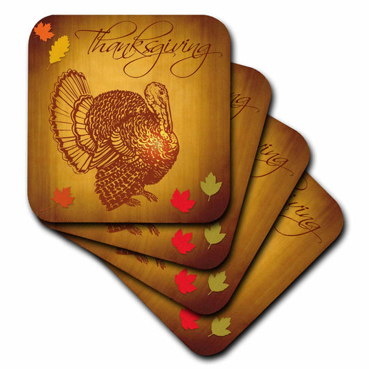 3dRose Boehm Graphics Holiday Thanksgiving - Thanksgiving Turkey and Fall Leaves - Coasters (cst_200319)