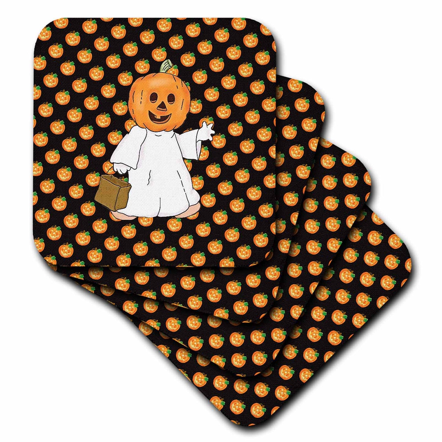 3dRose Beverly Turner Halloween Design - Pumpkin Head and White Sheet, Trick or Treat Bag, Pumpkin Design - Coasters