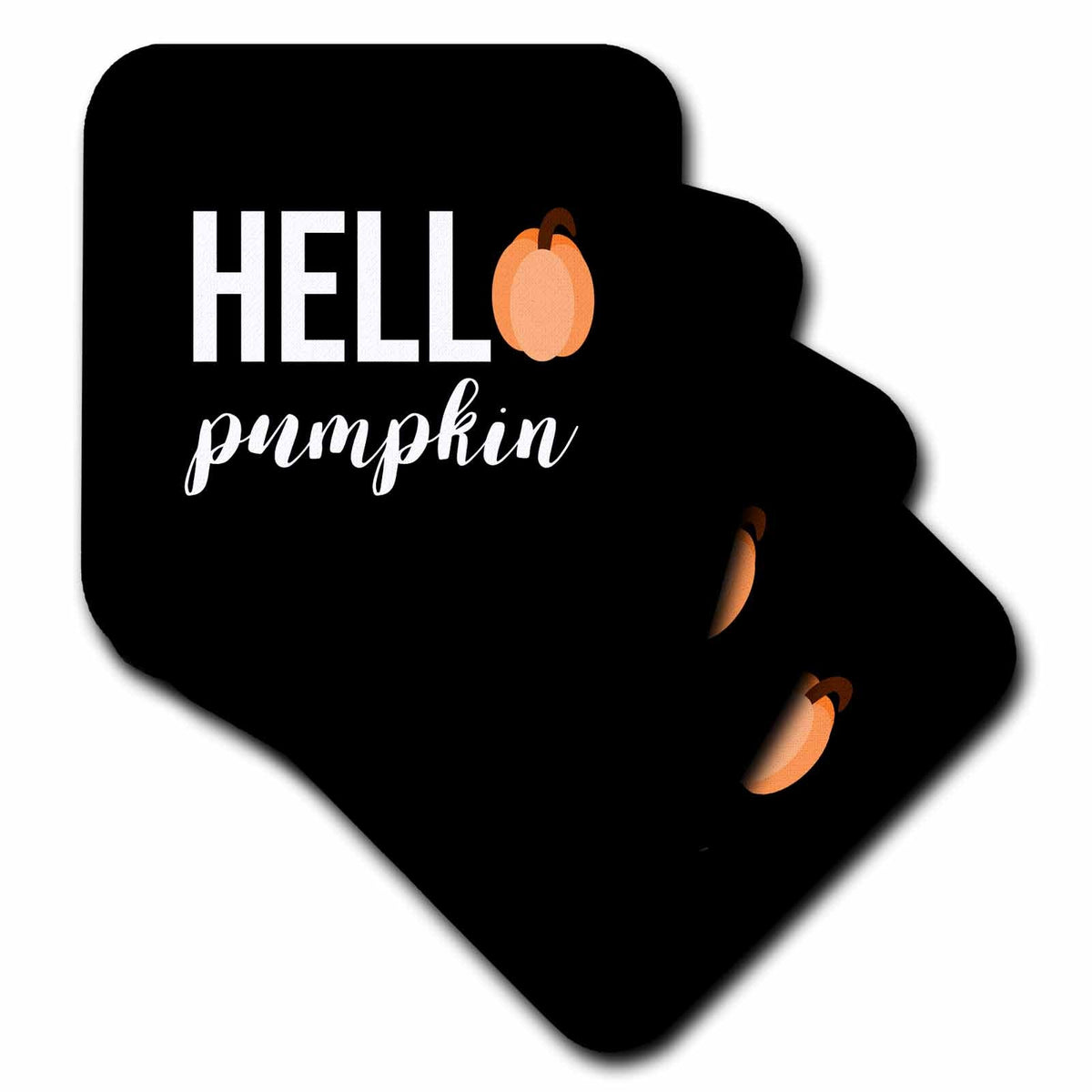 3dRose Stamp City - Typography - Hello Pumpkin with a Pumpkin as The o in Hello. White Letters on Black - Coasters (CST_322366)