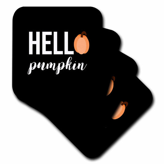 3dRose Stamp City - Typography - Hello Pumpkin with a Pumpkin as The o in Hello. White Letters on Black - Coasters (CST_322366)