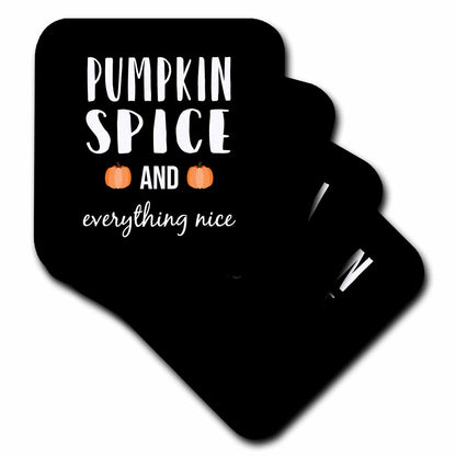 3dRose Stamp City - Typography - Pumpkin Spice and Everything Nice with Two Pumpkins. White on Black. - Coasters (CST_322414)