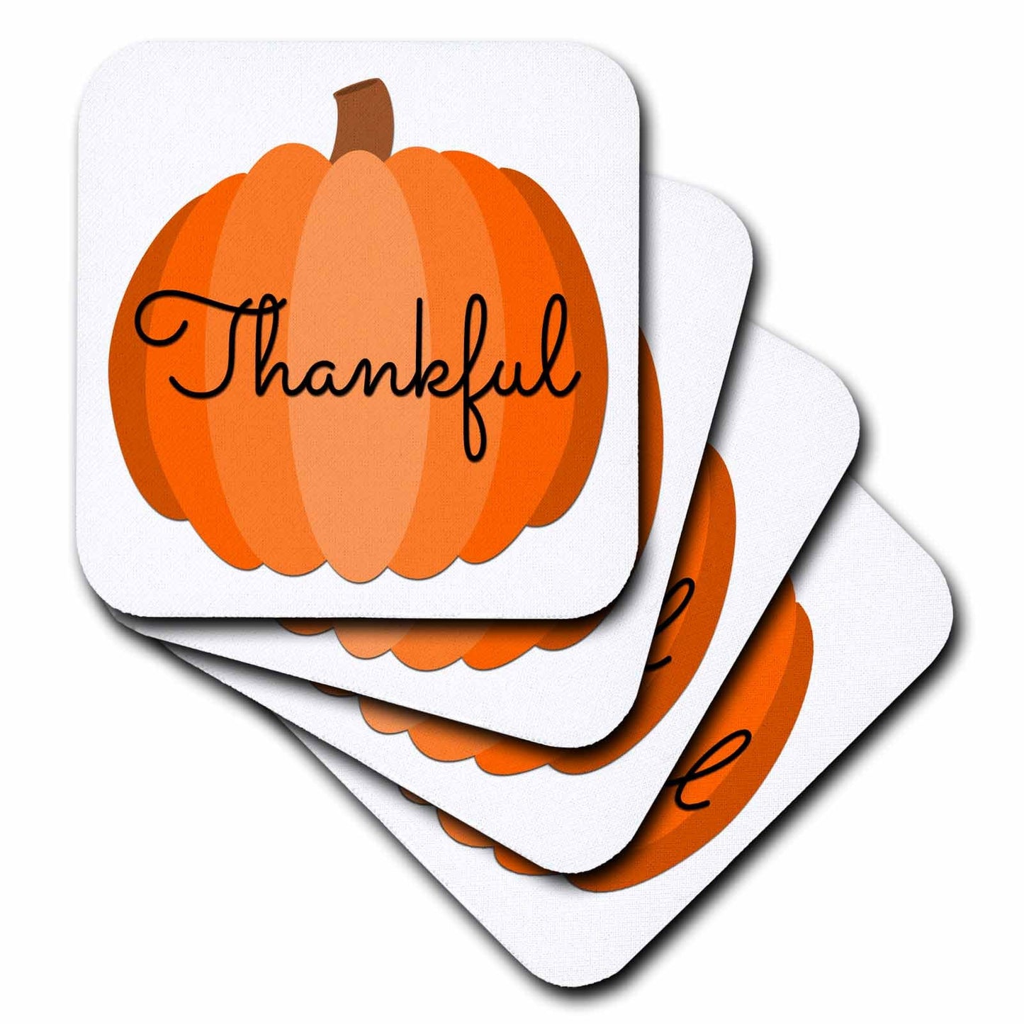 3dRose Stamp City - Typography - Thankful in Cursive Black Lettering on a Pumpkin on White Background. - Coasters (CST_322433)