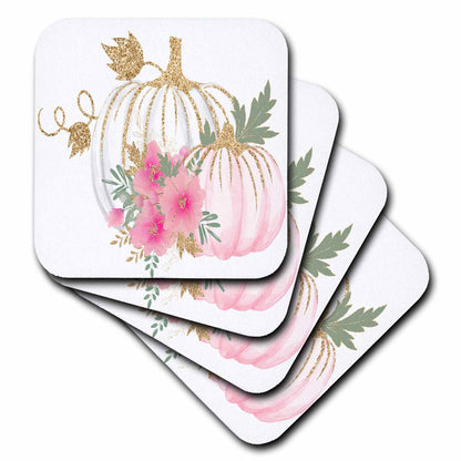 3dRose Pink, White, and Image Of Gold Floral Pumpkin Illustration - Coasters (cst_357051)