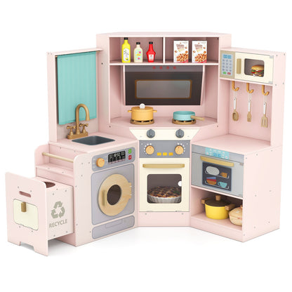 Corner Kitchen Toys with Lights and Sounds with Pull-out Trash Can and Stoves