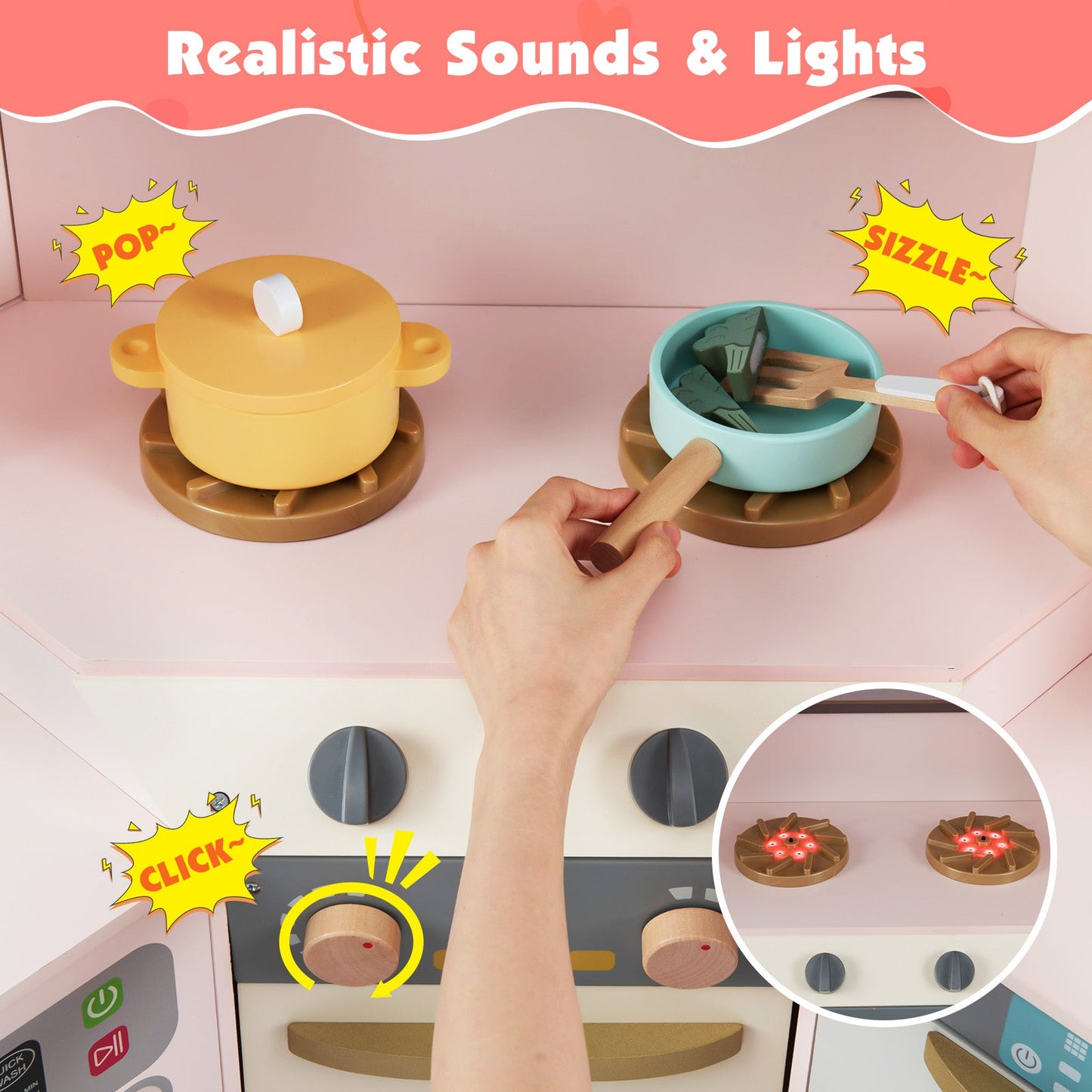 Corner Kitchen Toys with Lights and Sounds with Pull-out Trash Can and Stoves