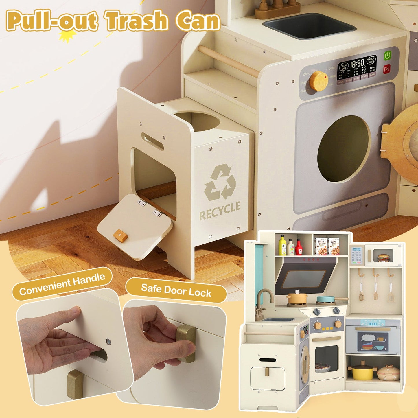 Corner Kitchen Toys with Lights and Sounds with Pull-out Trash Can and Stoves