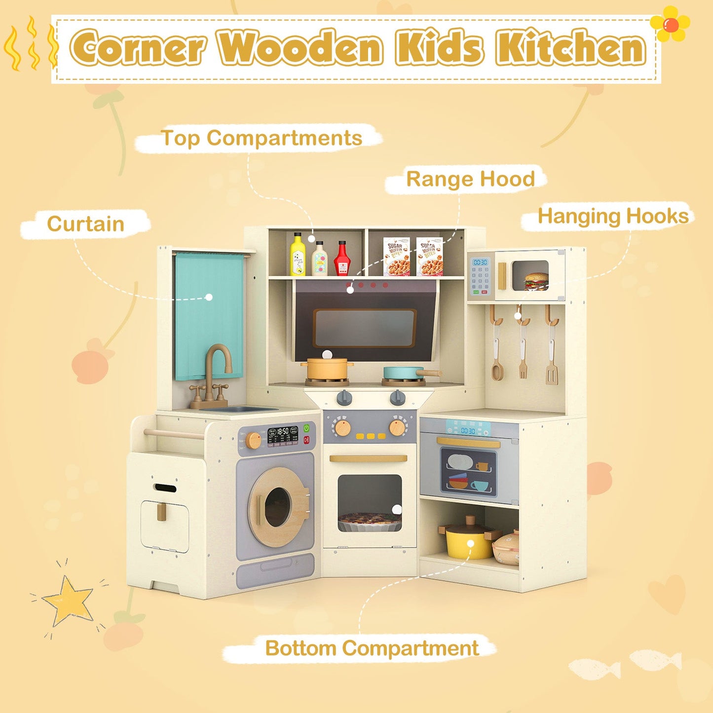 Corner Kitchen Toys with Lights and Sounds with Pull-out Trash Can and Stoves