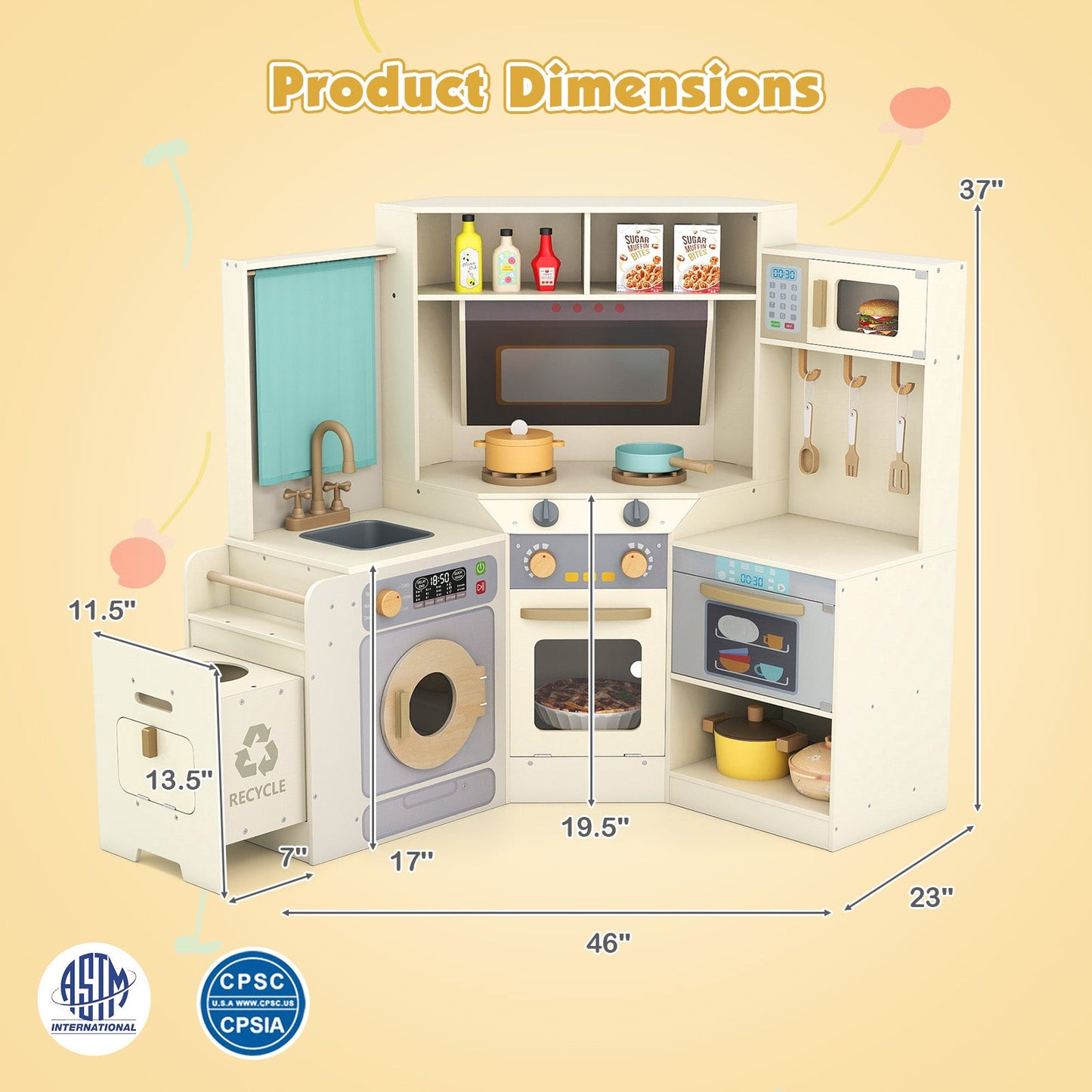 Corner Kitchen Toys with Lights and Sounds with Pull-out Trash Can and Stoves