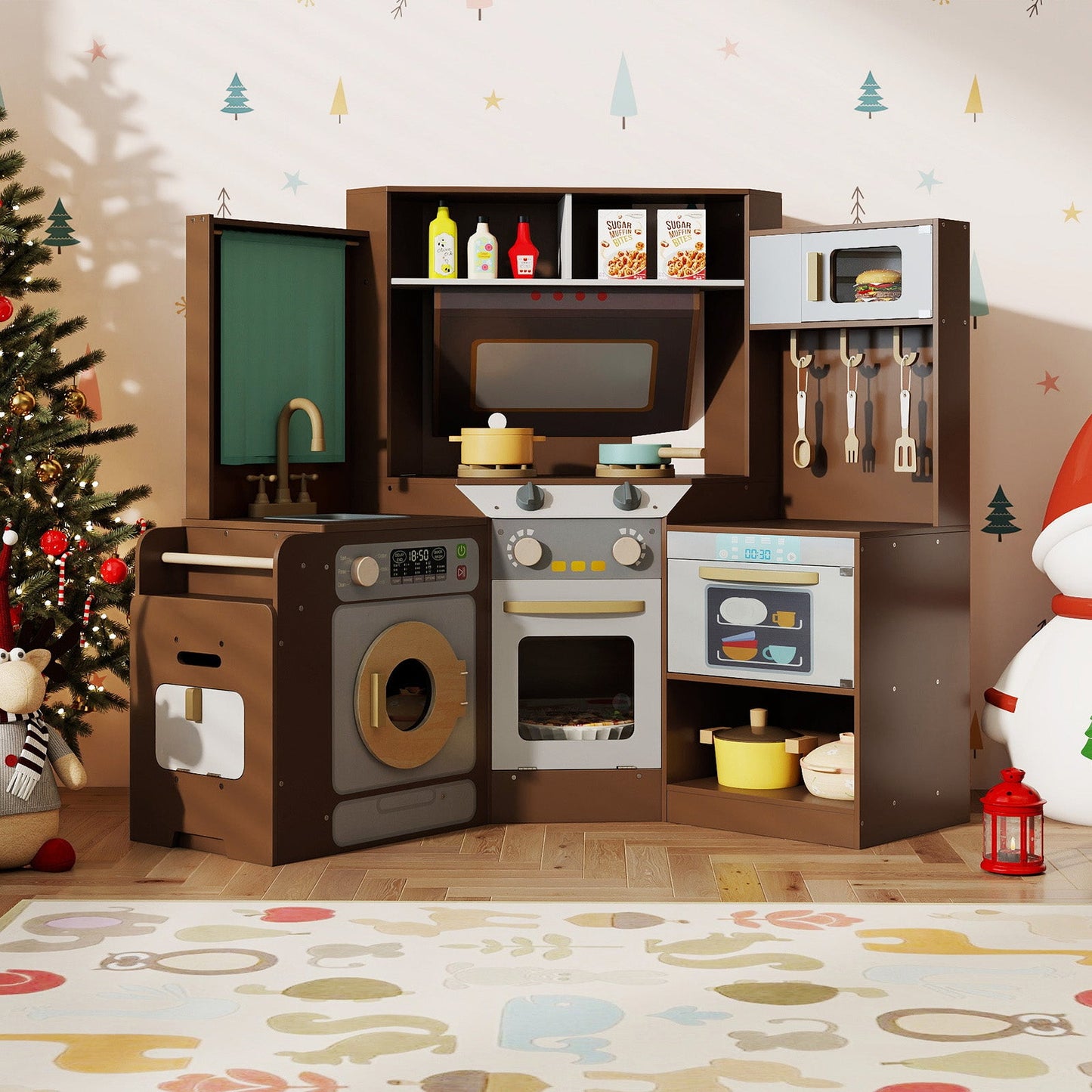 Corner Kitchen Toys with Lights and Sounds with Pull-out Trash Can and Stoves